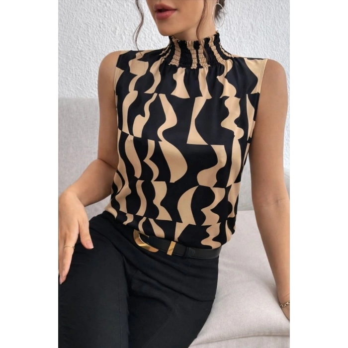 Kadın Kolsuz Balıkçı Yaka Desenli Süprem Bluz