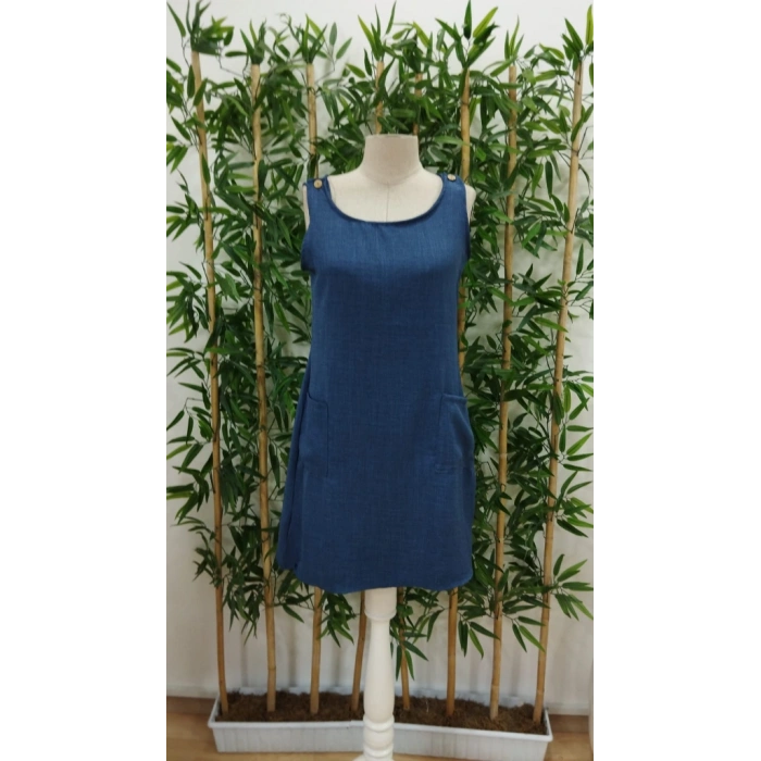 Kadın Kolsuz Kalın Askılı Düğme Detay Cepli Keten Elbise