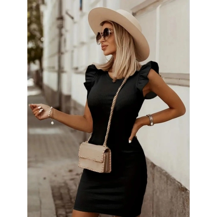 Kadın Kolsuz Omzu Volanlı Bisiklet Yaka Kaşkorse Mini Elbise