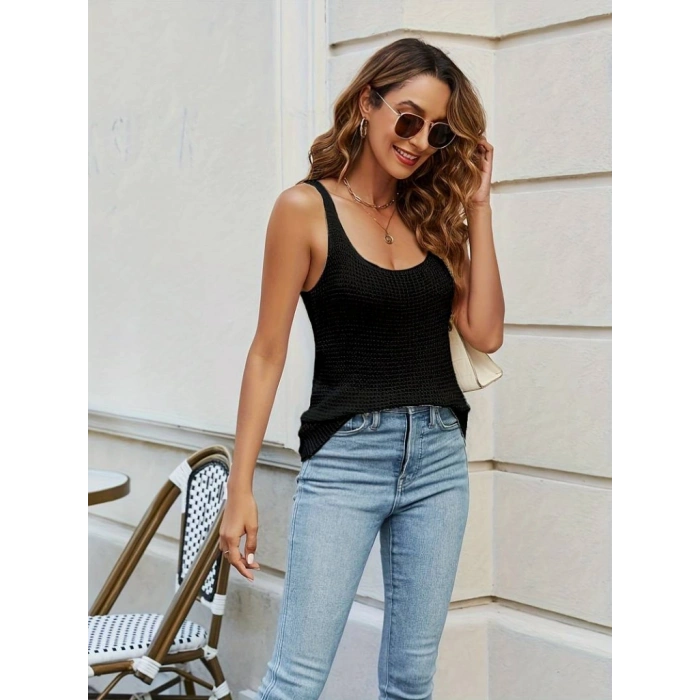 Kadın Kolsuz U Yaka Askılı Triko Bluz