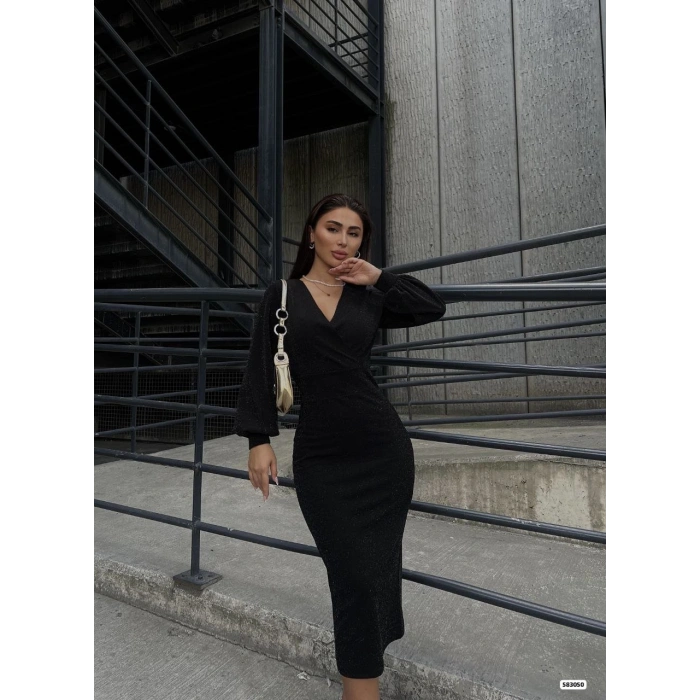 Kadın Kruvaze Yaka Balon Kol imli Krep Kumaş idi Boy Elbise