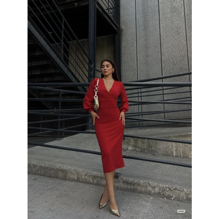 Kadın Kruvaze Yaka Balon Kol imli Krep Kumaş idi Boy Elbise