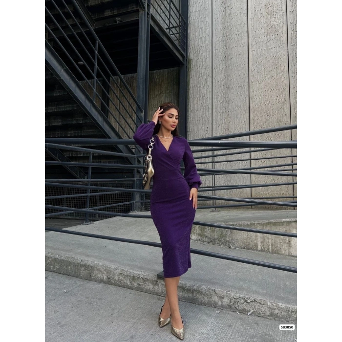 Kadın Kruvaze Yaka Balon Kol imli Krep Kumaş idi Boy Elbise