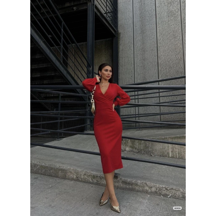 Kadın Kruvaze Yaka Balon Kol imli Krep Kumaş idi Boy Elbise