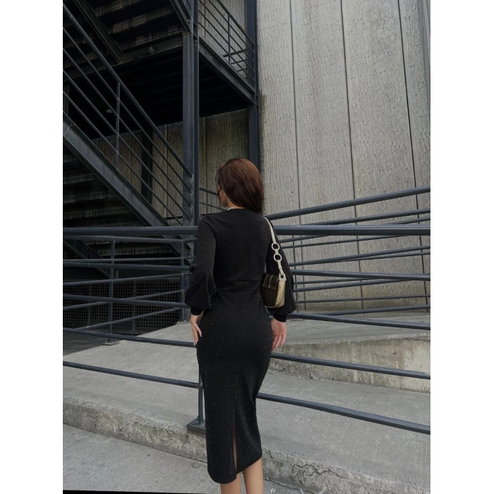 Kadın Kruvaze Yaka Balon Kol imli Krep Kumaş idi Boy Elbise