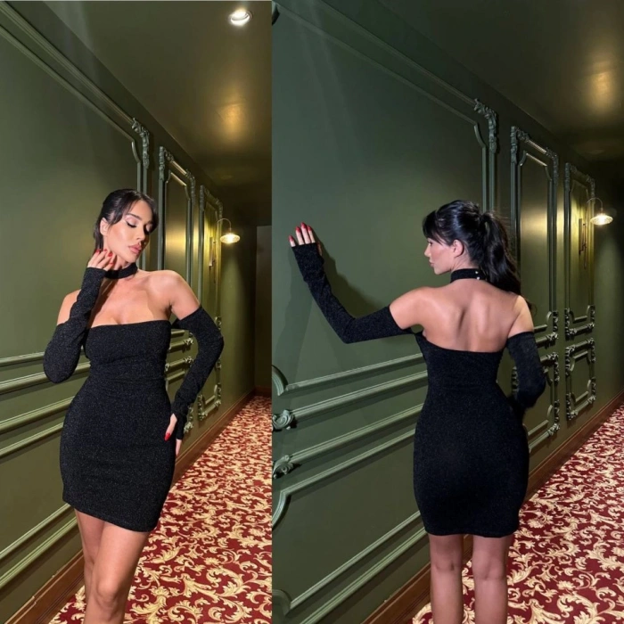 Kadın Madonna Yaka imli Flower Kumaş Mini Elbise