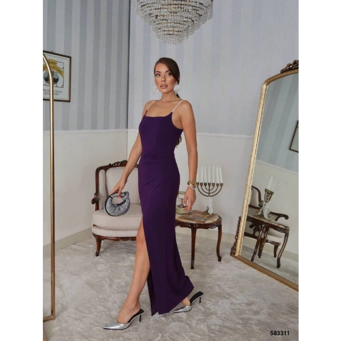 Kadın Omuz Askılı Derin Yırtmaç Detay Maxi Boy Elbise