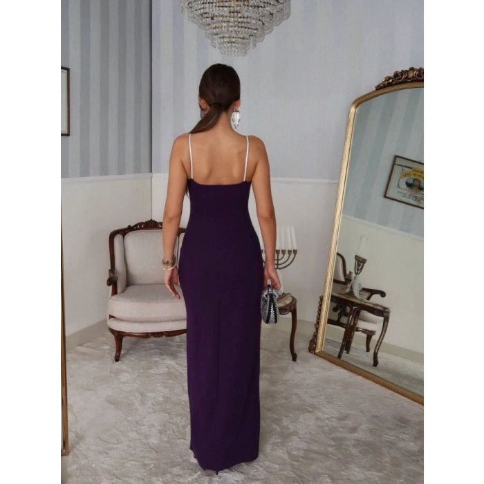 Kadın Omuz Askılı Derin Yırtmaç Detay Maxi Boy Elbise