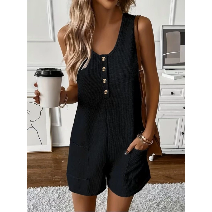 Kadın Omuz Askılı önden Düğmeli Waffle Kısa Tulum