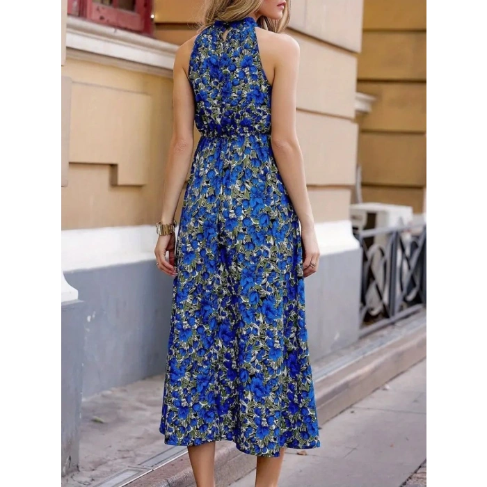 Kadın Omuz Dekolteli Halter Yaka Desenli Maxi Süprem Elbise