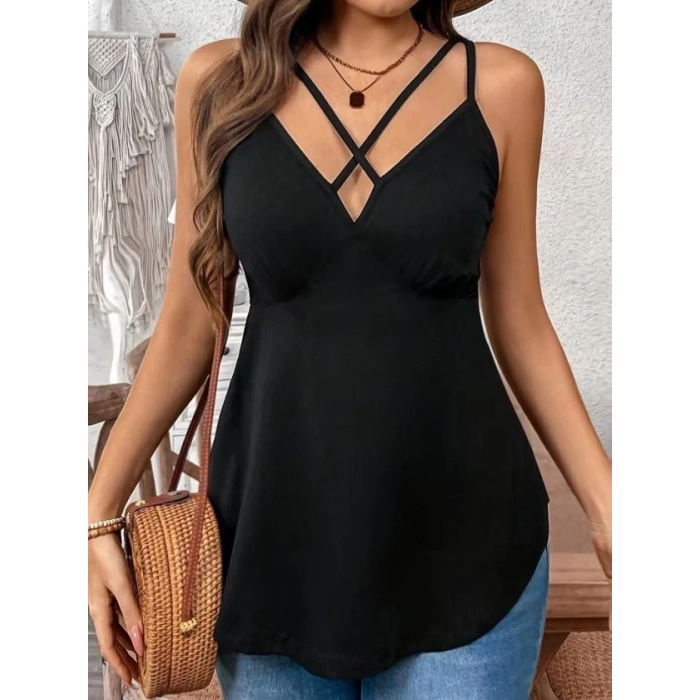 Kadın önden çapraz Askılı Uzun Vıskon Bluz