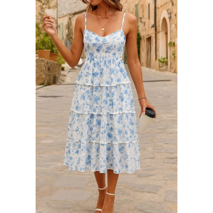 Kadın Sıfır Kol Askılı Dekolteli Yırtmaç Detay çiçek Baskılı Süprem Midi Elbise