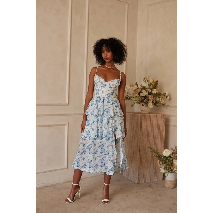 Kadın Sıfır Kol Askılı Dekolteli Yırtmaç Detay çiçek Baskılı Süprem Midi Elbise