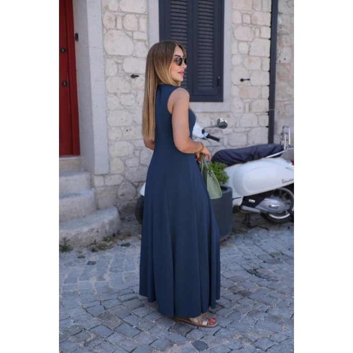 Kadın Sıfır Kollu Bisiklet Yaka Viskon Elbise