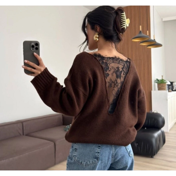 Kadın Sırtı Dantel Transparan Detay Triko Kazak