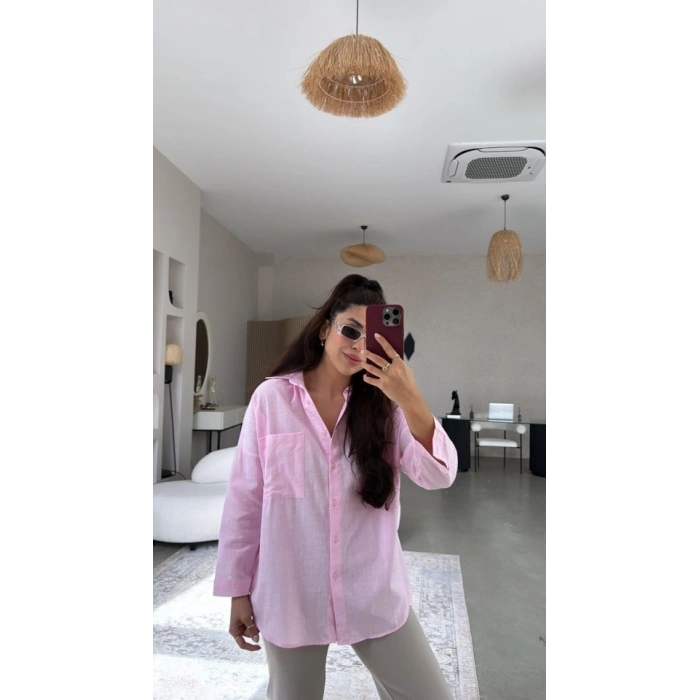 Kadın Tek Cepli Over Size Ketem Gömlek