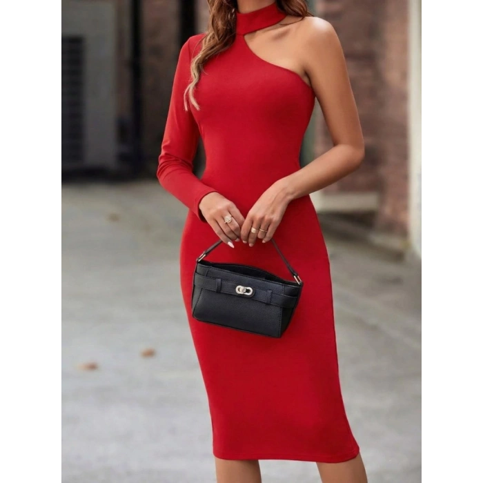 Kadın Tek Omuzdan Açık Uzun Kollu Balıkçı Yaka Midi Ithal Krep Elbise