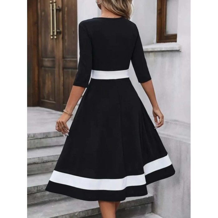 Kadın Truvakar Kol V Yakalı Janjan Krep Midi Elbise