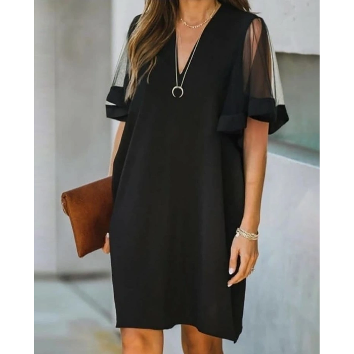 Kadın Tüllü Kısa Kollu V Yaka Krep Elbise