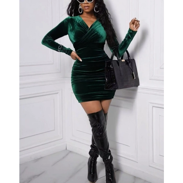 Kadın Uzun Kollu çapraz Yakalı Mini Kadife Elbise