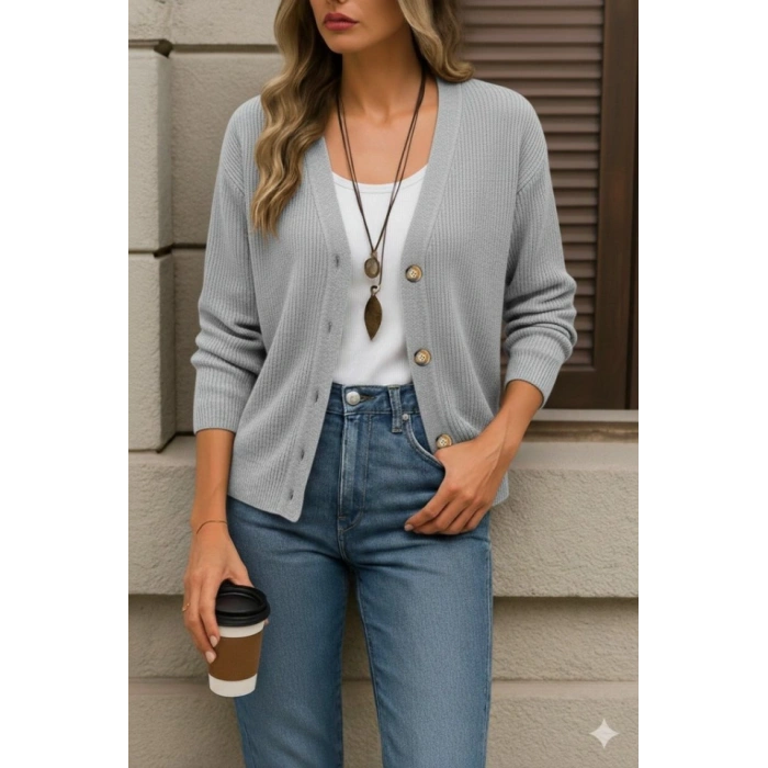 Kadın Uzun Kollu Düğme Detay Triko Bluz