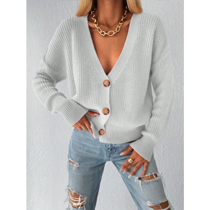 Kadın Uzun Kollu Düğme Detay Triko Bluz