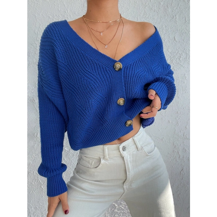 Kadın Uzun Kollu Düğme Detay Triko Hırka