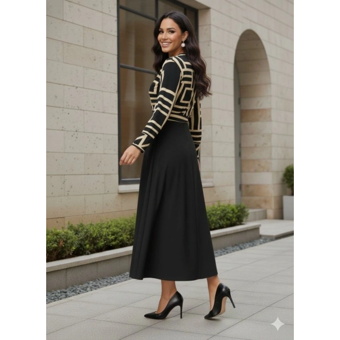 Kadın Uzun Kollu Kruvaze Yaka Dalgıç Krep Midi Boy Elbise