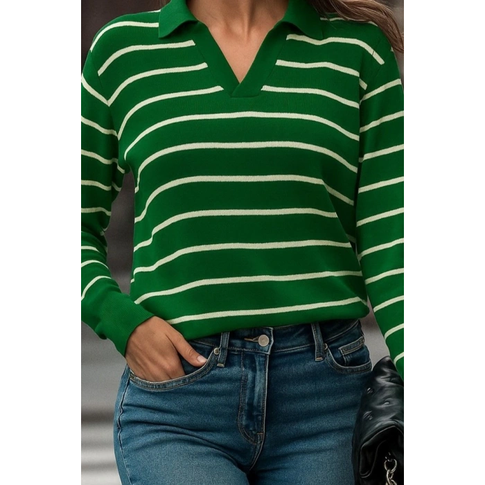 Kadın Uzun Kollu V Yaka çizgili Triko Bluz