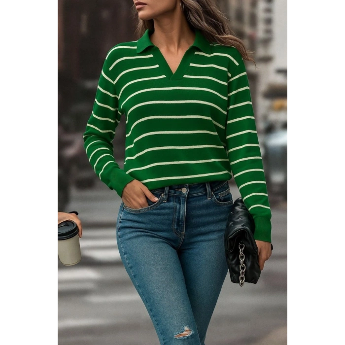 Kadın Uzun Kollu V Yaka çizgili Triko Bluz