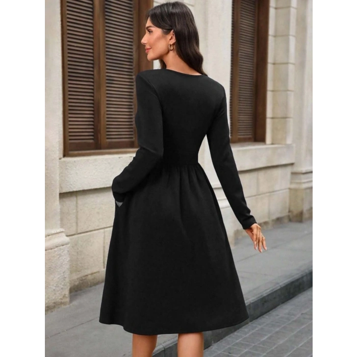 Kadın Uzun Kollu V Yakalı Cepli Midi Ithal Krep Elbise