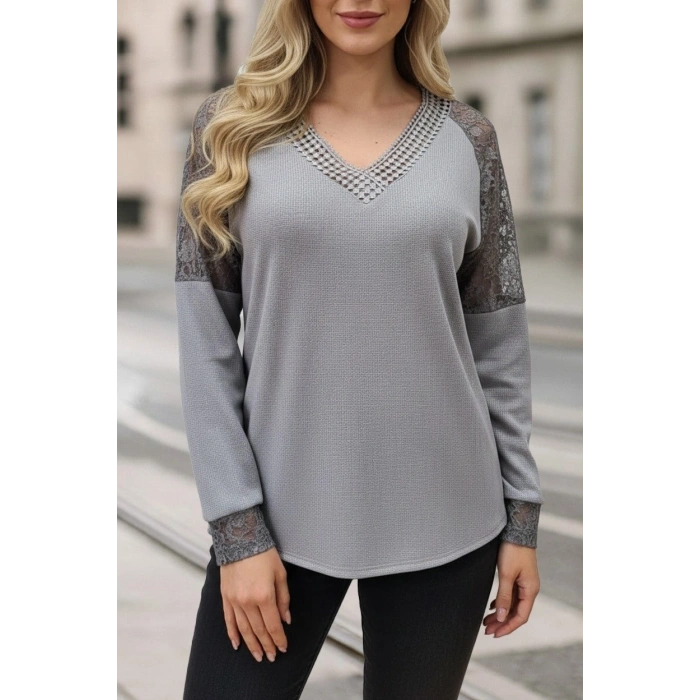 Kadın Uzun Kollu V Yakalı Dantelli Waffle Bluz