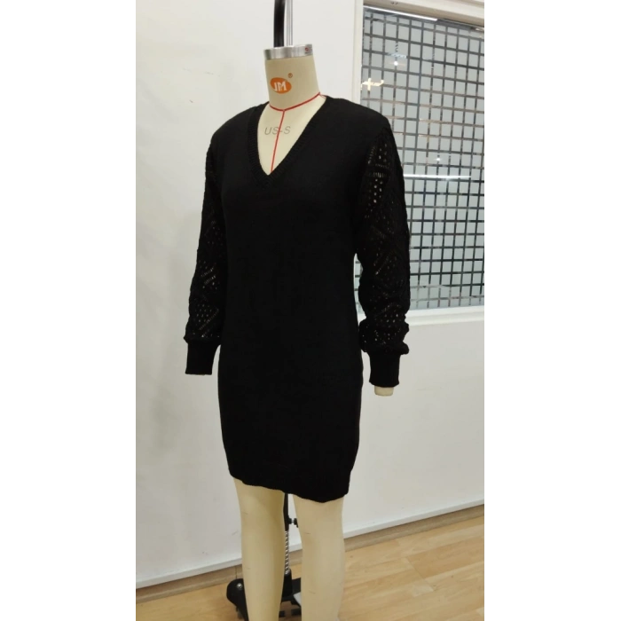 Kadın Uzun Kollu V Yakalı Mini Triko Elbise