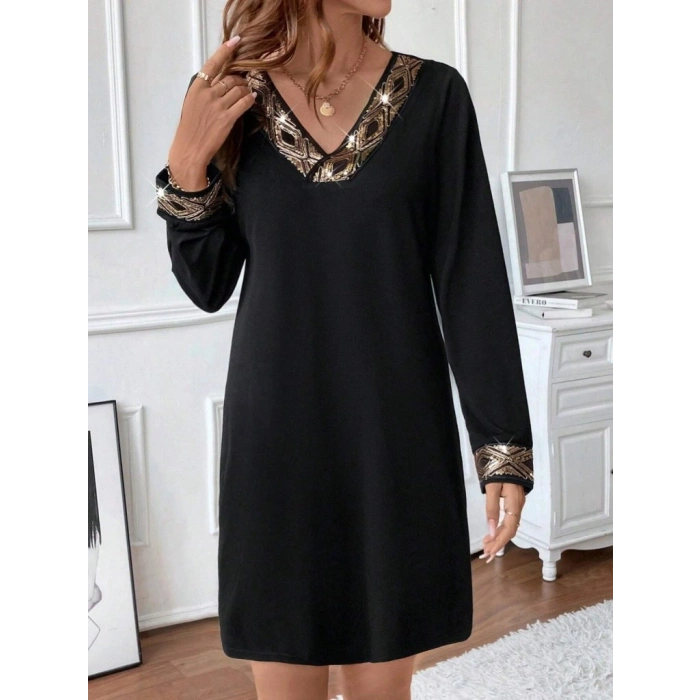 Kadın Uzun Kollu V Yakalı Pulpayet Detaylı Mini Ithal Krep Elbise