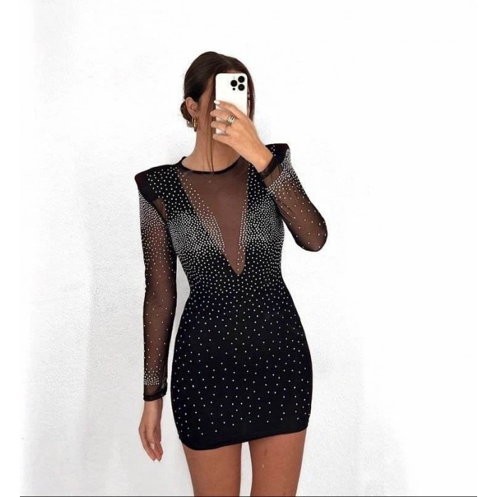 Kadın Uzun Kollu Yuvarlak Yaka Dekolteli Taşlı Dalgıç Elbise