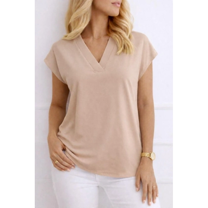 Kadın V Yaka Kısa Kol Dokuma Viskon Kumaş Bluz
