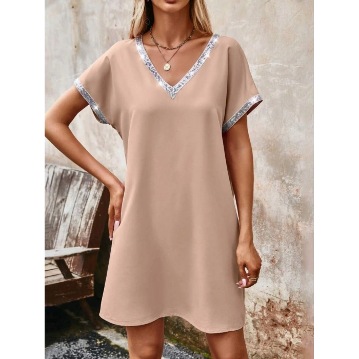 Kadın Yaka Ve Kol Pul Payet şeritli Ithal Krep Elbise