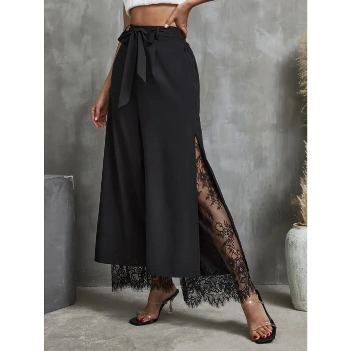 Kadın Yüksek Bel Belden Kuşaklı üst Dalgıç Alt Dantel Detaylı Dalgıç Pantolon
