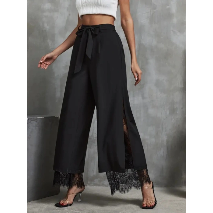 Kadın Yüksek Bel Belden Kuşaklı üst Dalgıç Alt Dantel Detaylı Dalgıç Pantolon