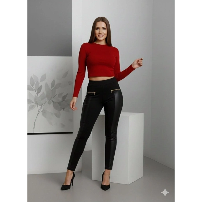 Kadın Yüksek Bel Deri Detaylı Fermuarlı Dalgıç Tayt