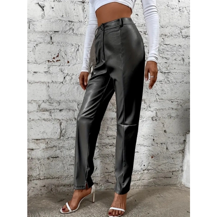 Kadın Yüksek Bel önden Düğmeli Deri Pantolon