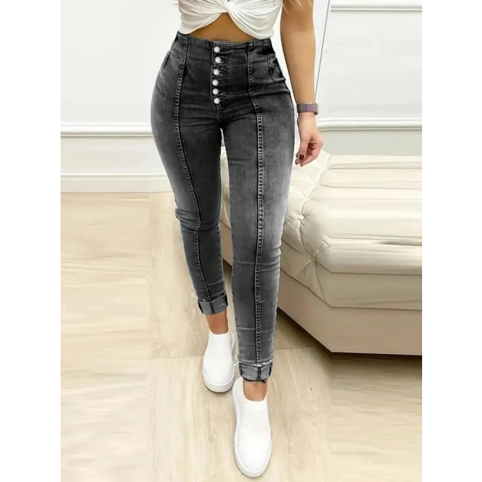 Kadın Yüksek Bel önden Düğmeli Jean Pantolon