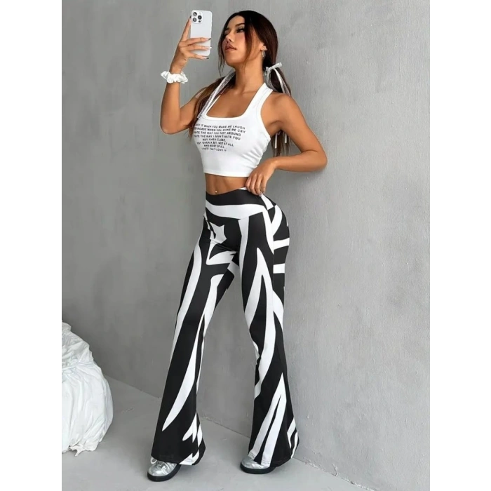 Kadın Yüksek Bel Zebra Desenli Dalgıç Tayt