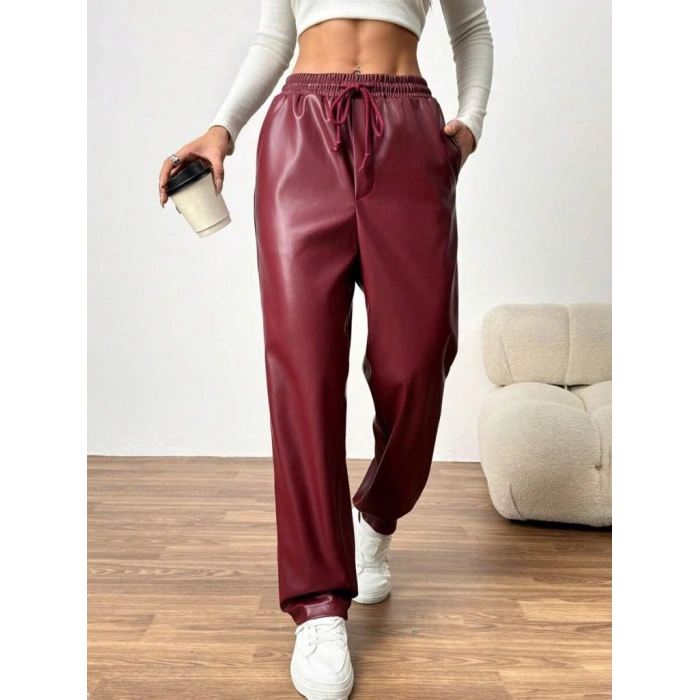 Kadın Yüksel Bel Bağcıklı Deri Pantolon