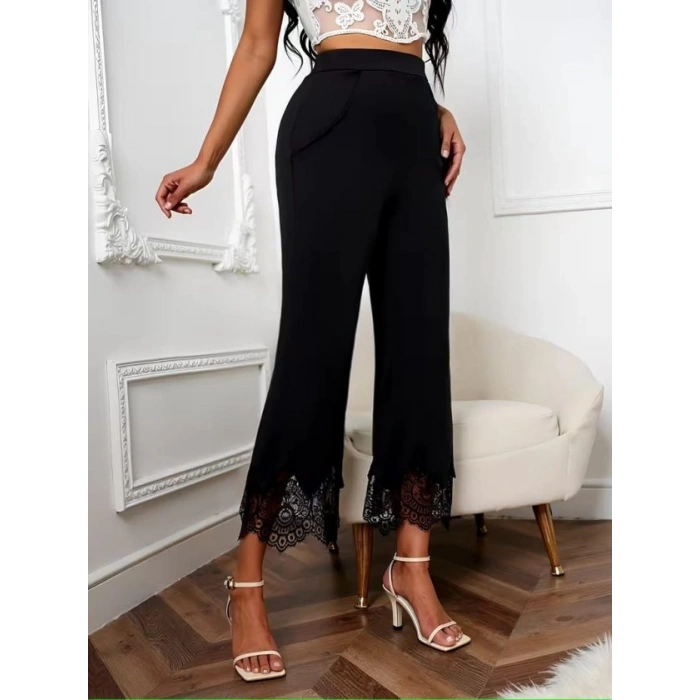 Kadın Yüksel Bel Paça Ağzı Dantelli Dalgıç Pantolon