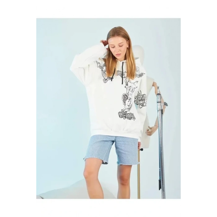 Kapüşonlu trong Heykel Baskılı weatshirt  Beyaz