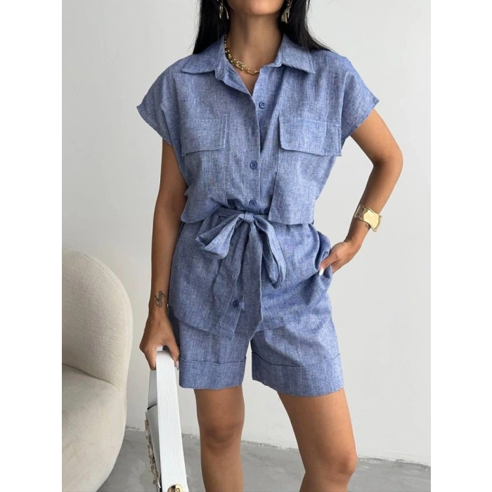 KETEN BAĞLAALI KOLSUZ GÖLEK  DUBLE PAÇA ŞORT TAKI  Lacivert