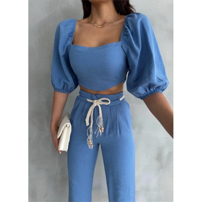 KETEN CROP KARPUZ KO BUZPANTOON HASIR KEMERİ  Mavi