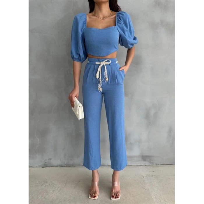 KETEN CROP KARPUZ KO BUZPANTOON HASIR KEMERİ  Mavi
