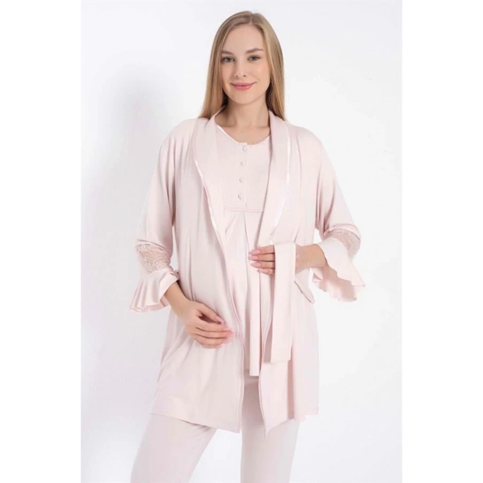 Kısa Kol Bisiklet Yaka Kadın Viskon Dantel Detaylı Hamile Pijama Takımı Sabahlık